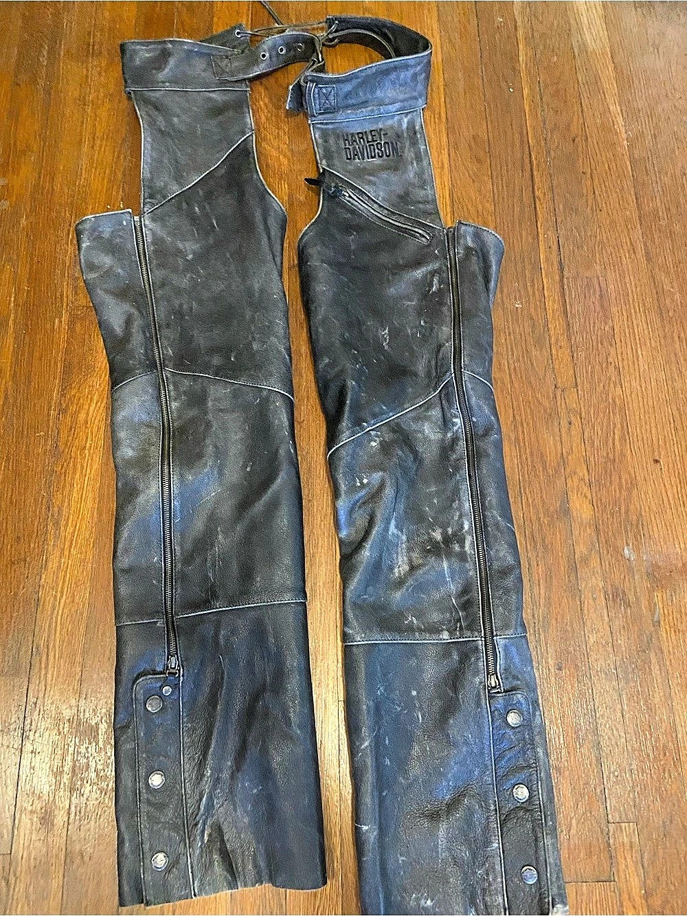 Harley-Davidson distressed leather Motorcycle riding chaps.